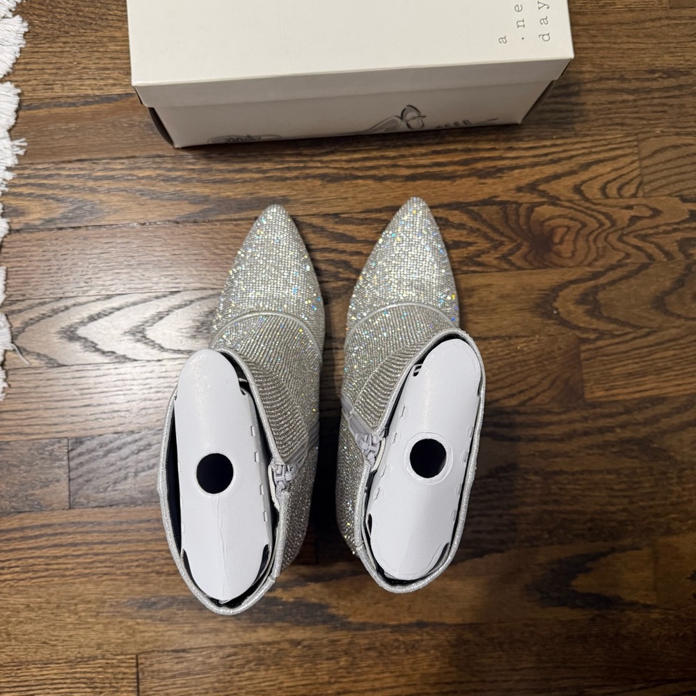 A new day Silver Rhinestone Pointed Toe Heeled Ankle Boots - Picture 4 of 7